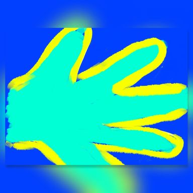 Die Deaf Pride Fahne: dunkelblauer Hintergrund, davor eine türkise Hand mit gelben Rand